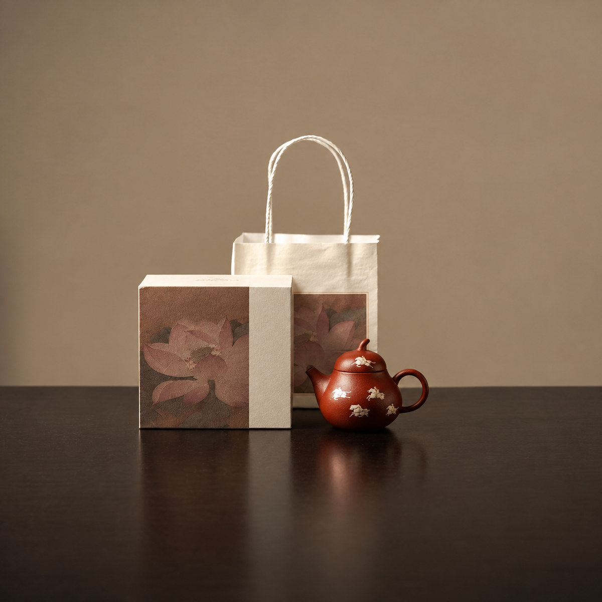 Horse to Success Zhu Ni clay teapot with floral gift box and bag