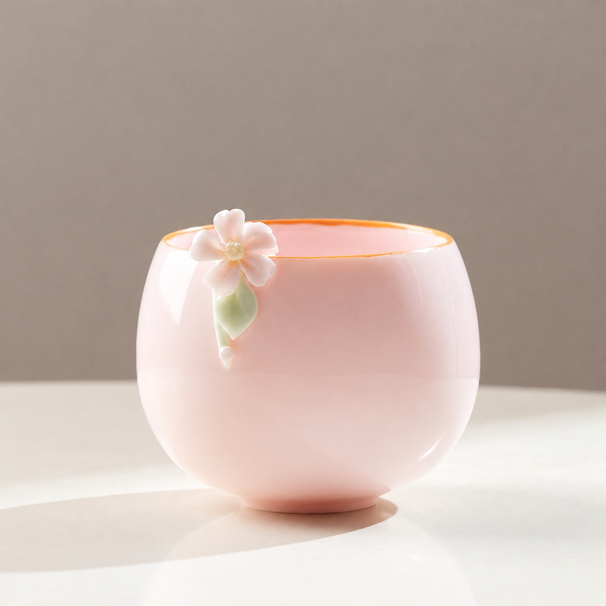 Blush pink floral ceramic gongfu teacup with gold rim