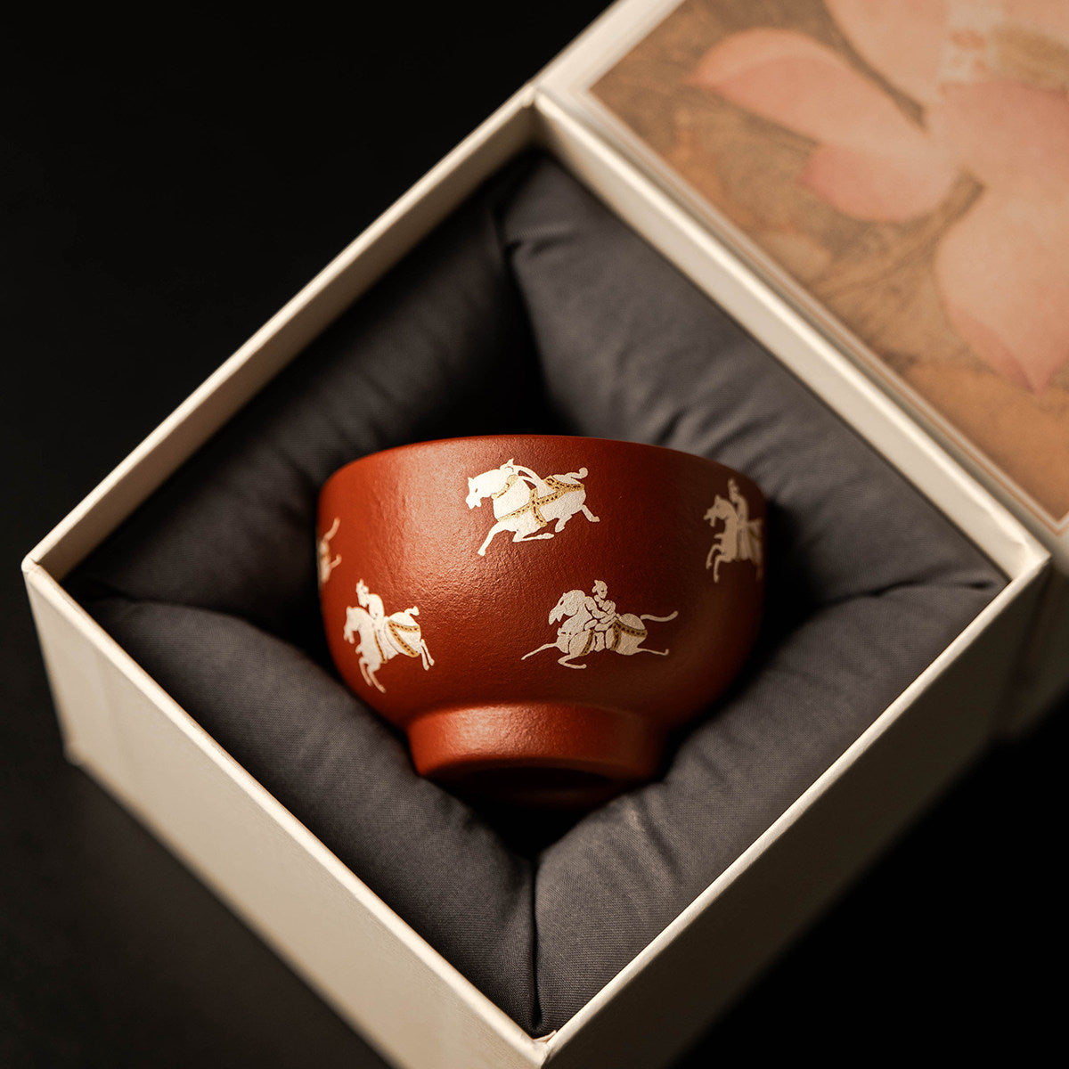 Horse to Success Zhu Ni clay master cup presented in a floral gift box