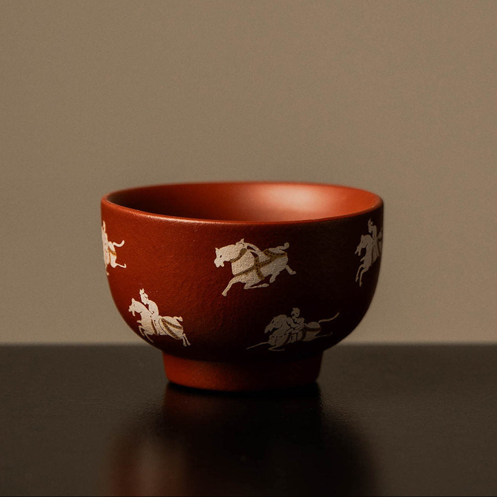 Horse to Success Zhu Ni clay master cup with silver horse-and-rider motifs