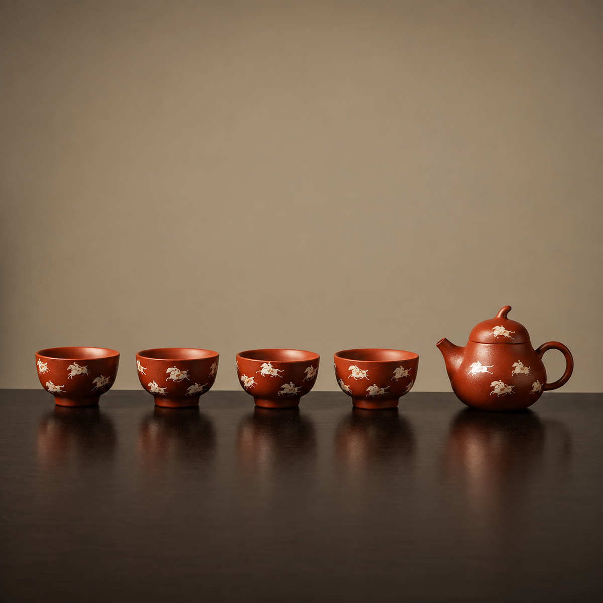 Horse to Success Zhu Ni clay tea set with one teapot and four cups
