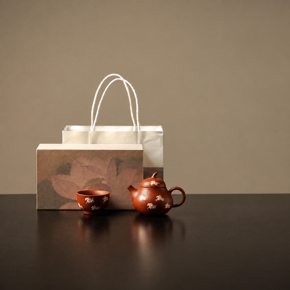 Horse to Success Zhu Ni clay teapot and cup gift set
