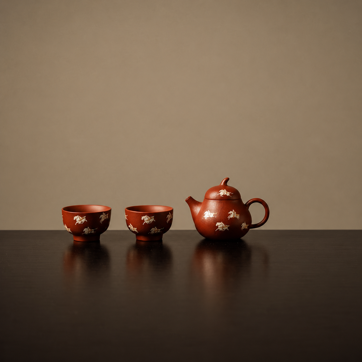 Horse to Success Zhu Ni clay tea set with one teapot and two cups