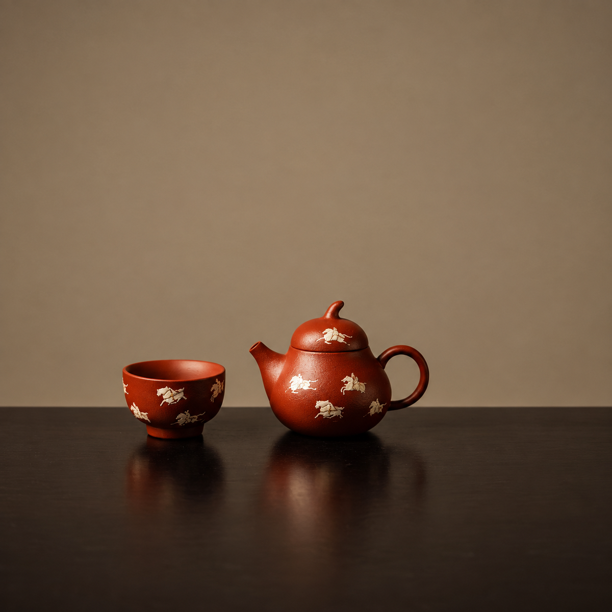 Horse to Success Zhu Ni clay gongfu set with one teapot and one cup