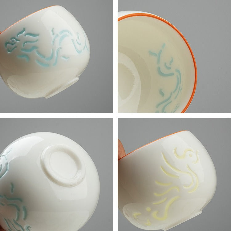 Detail views of dragon and phoenix openwork jade porcelain teacups