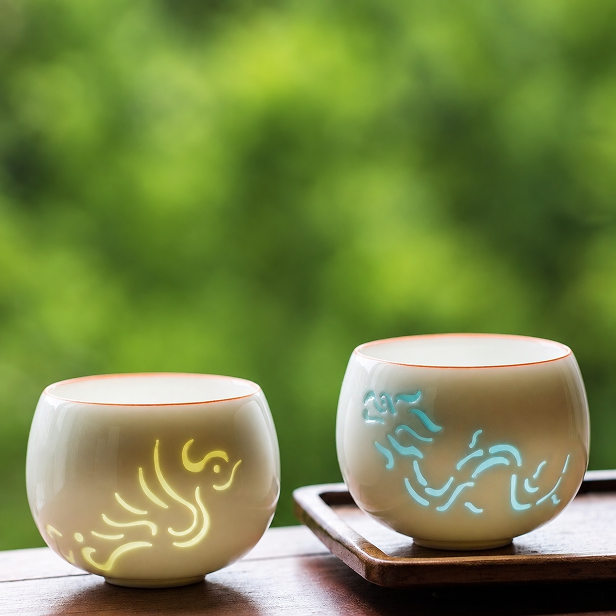 Dragon and phoenix jade porcelain teacups displayed together
