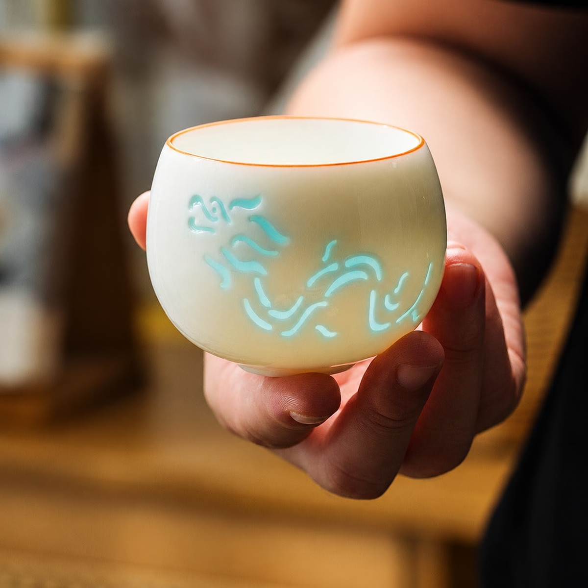 Ivory jade porcelain teacup with translucent turquoise dragon motif