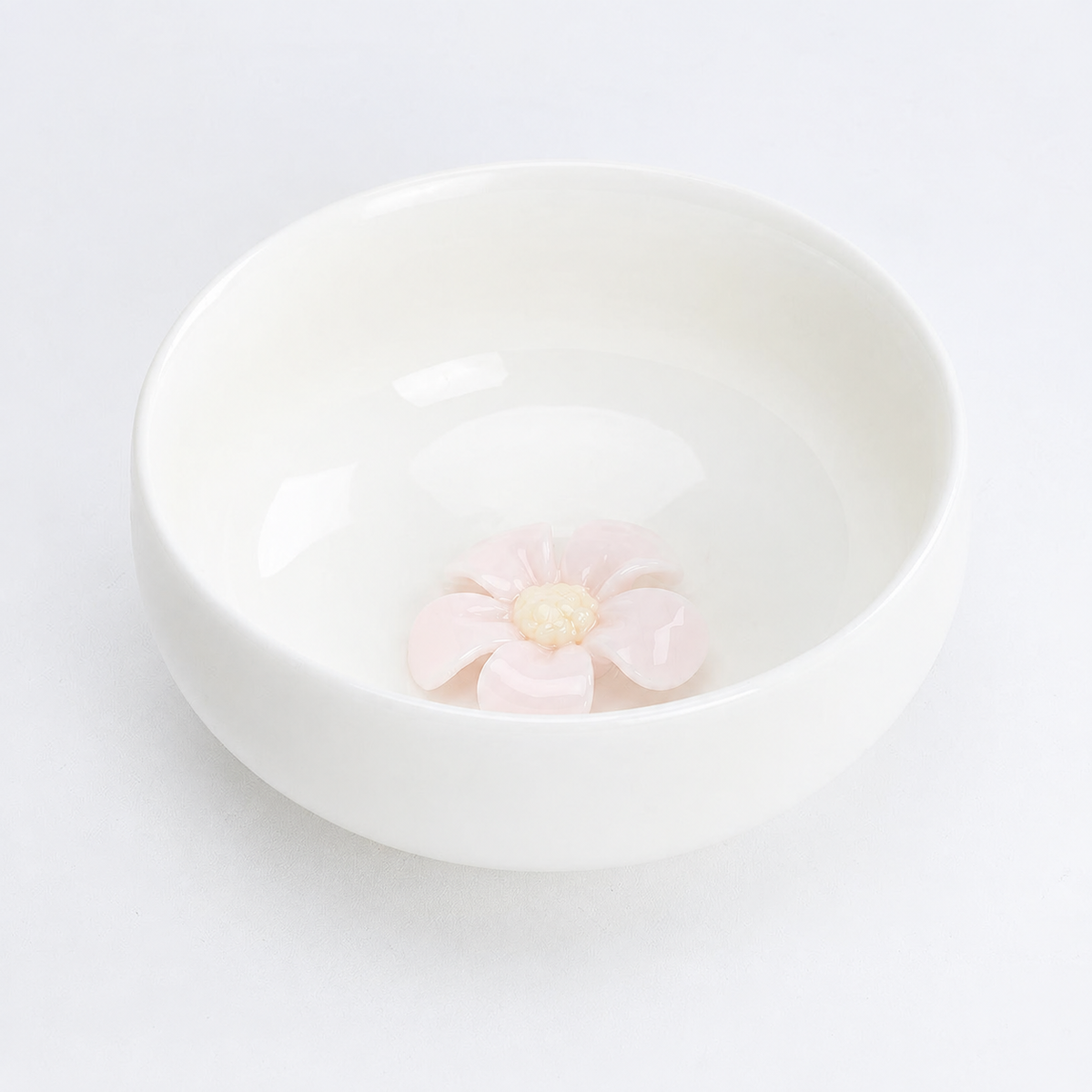 Moon White shallow Zen Flower Cup with pink blossom detail inside