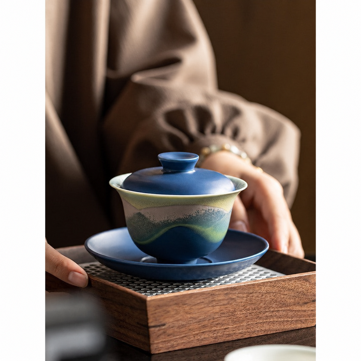 Blue mountain-glaze ceramic gaiwan with matching saucer